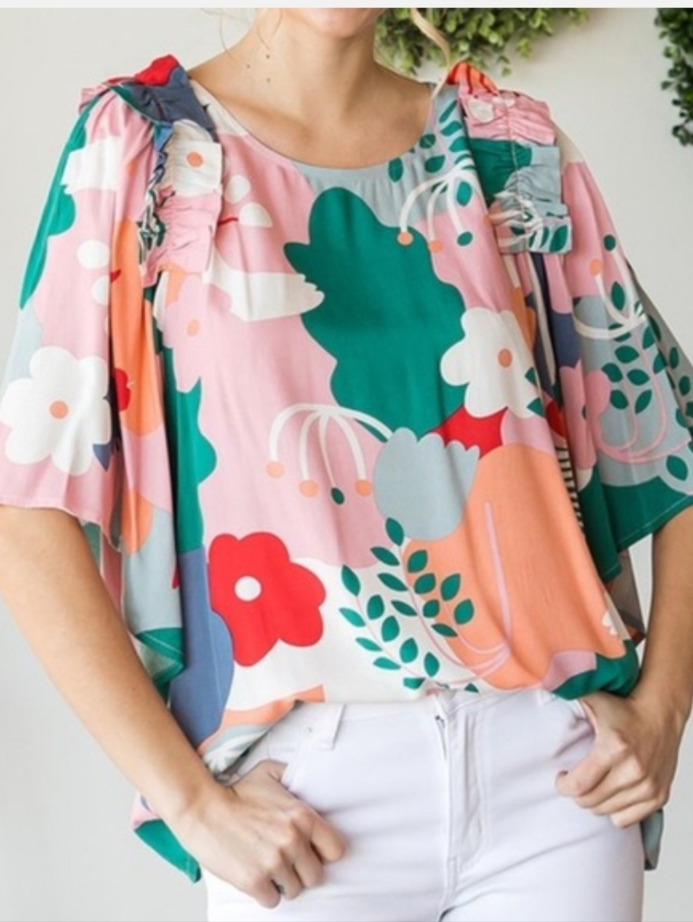 JODIFL Floral Flutter Sleeve Top in Pink Multi